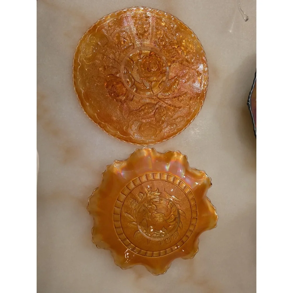 Vintage Carnival Glass Marigold Orange Iridescent Rose Plate and Ruffled Bowl
